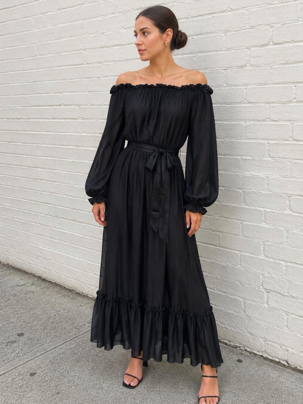 Zimmermann Black Silk Off-Shoulder Maxi Dress with Tie Waist